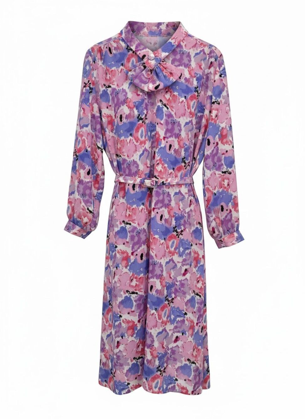 Vintage 60's Miss Berkeley Long Sleeve Belted Midi Dress Watercolor Sz XL Retro